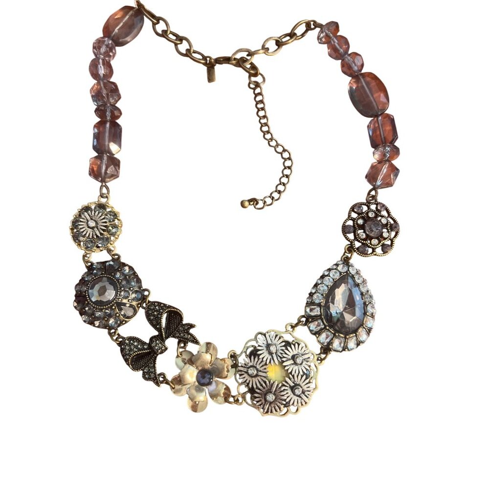 Lane Bryant Antique Gold Tone Statement Necklace Flower Bow Rhinestones Adj  24"